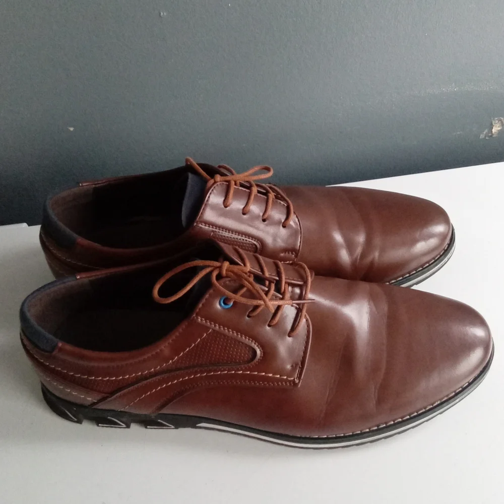 Mens Brown Leather Plain Toe Derby Dress Shoes with Sporty Outsole‎ Navy Trim